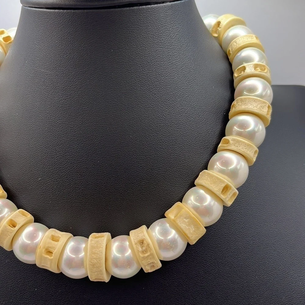 Sterling Silver Pearl and Bone Vintage unique choker necklace Toggle  Oversized